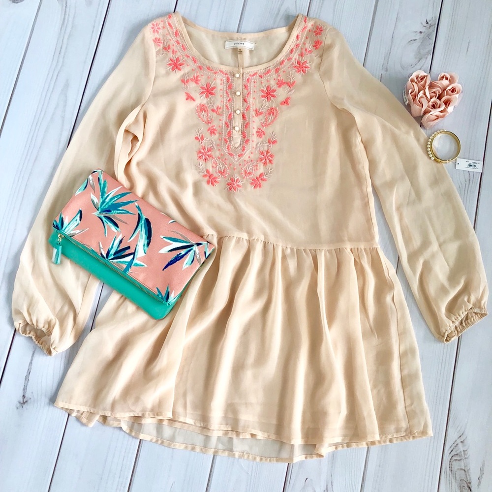 Poema Cream and Pink Embroidered Chiffon Dress